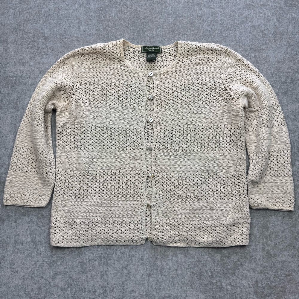 Eddie Bauer 90s Style Crochet Open Knit Linen Cardigan Cream Women’s M